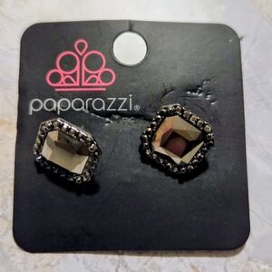 Small paparazzi Smoky Crystal Square Halo Stud Earrings